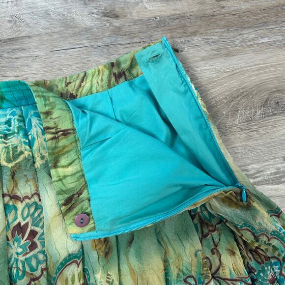 Vintage Boho Silk Blend Skirt Green Blue Floral Tie Dye Pleated Midi Size 8 - Picture 5 of 9